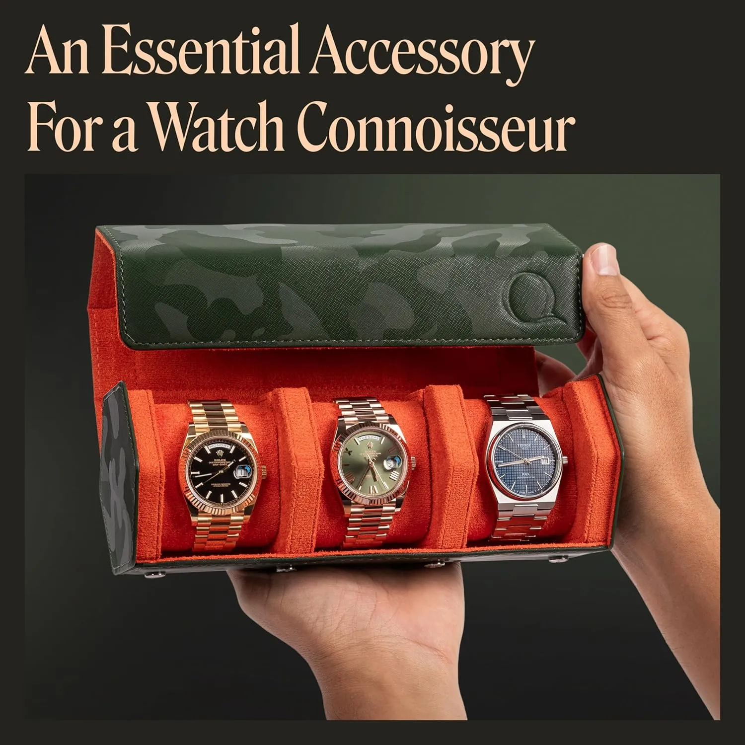 Rolls for Men - Hexagon sinuous language activist Triple Watch Roll Travel Case 3 Watches - Storage Organizer Genuine Leather with Velvet Interior Display (Camo Green/Orange) Napa Leather Watch 