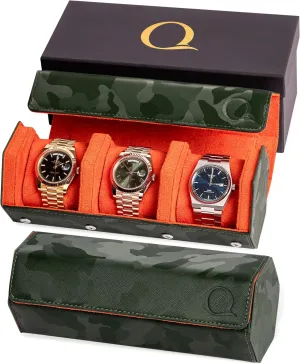 Rolls for Men - Hexagon sinuous language activist Triple Watch Roll Travel Case 3 Watches - Storage Organizer Genuine Leather with Velvet Interior Display (Camo Green/Orange) Napa Leather Watch 