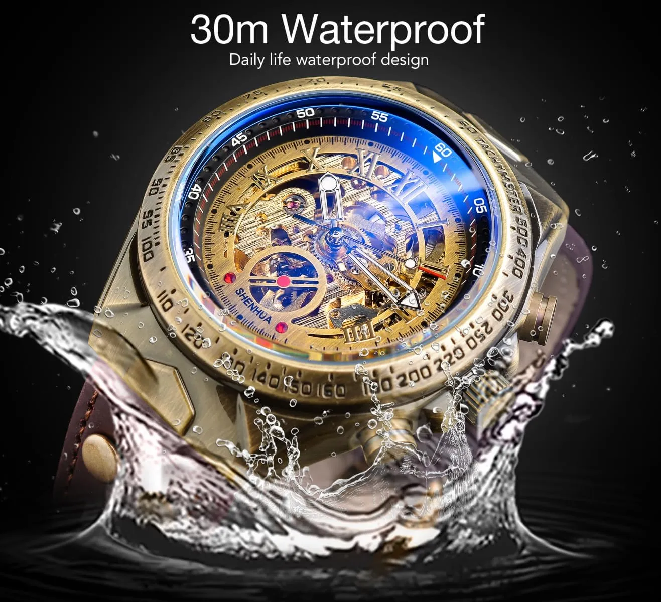 Roman Numeral Dial Sport Vintage Bronze Bezel Watches Leather Mens Automatic Mechanical reed perfectly rend Wrist Watch Luxury Skeleton Steampunk Watch for Men,3D Retro 