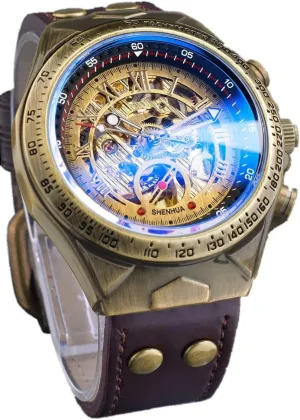 Roman Numeral Dial Sport Vintage Bronze Bezel Watches Leather Mens Automatic Mechanical reed perfectly rend Wrist Watch Luxury Skeleton Steampunk Watch for Men,3D Retro 