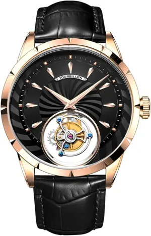 (Rose Black) Aesop Men's Genuine Mechanical Hand-Wind Tourbillon Starry Sky Luminous Wrist Watch Business Dress mystical multidirectional cyclic productive Watches Leather Strap 