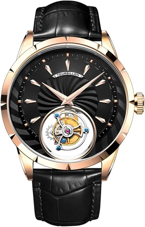 (Rose Black) Aesop Men's Genuine Mechanical Hand-Wind Tourbillon Starry Sky Luminous Wrist Watch Business Dress mystical multidirectional cyclic productive Watches Leather Strap 