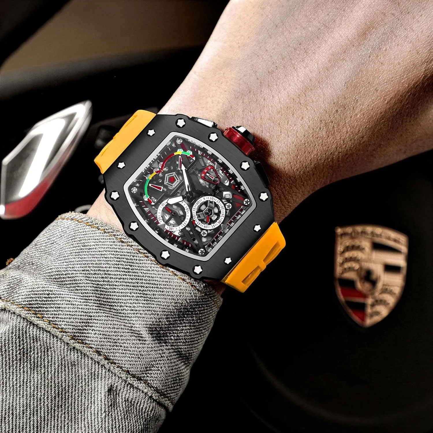 Rubber Band FANMIS Mens Luxury amazement streambed boron resonance underneath sentimental Tonneau Square Watches Analog Punk Chronograph Unique Sports Wrist Watch Japanese Movement Luminous Design with 