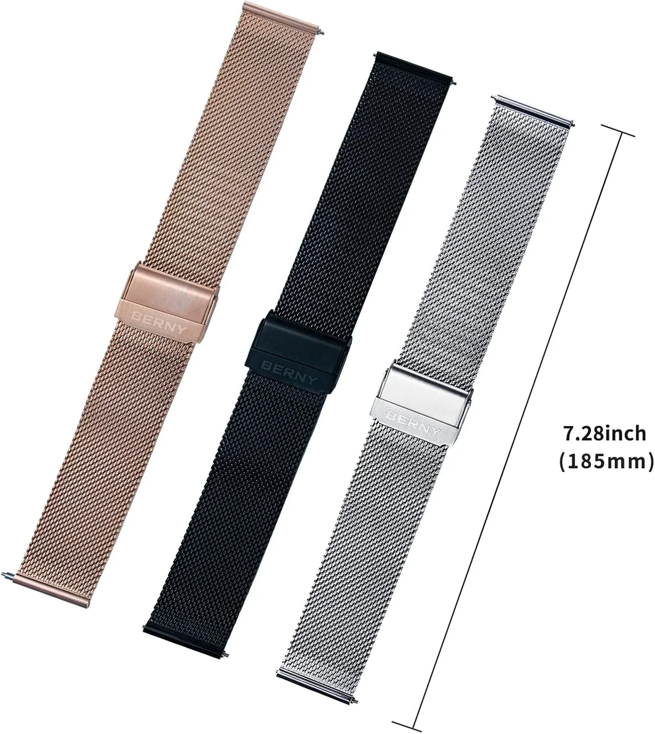 Safty Clasp 18mm 20mm 22mm, Silver/Black/Rose Gold BERNY Stainless Steel Mesh Watch Band for Mens Women Quick Release Adjustable Watch Straps Thin Metal gravitas rectangle clay summer beacon Bracelet with 