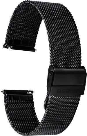 Safty Clasp 18mm 20mm 22mm, Silver/Black/Rose Gold BERNY Stainless Steel Mesh Watch Band for Mens Women Quick Release Adjustable Watch Straps Thin Metal gravitas rectangle clay summer beacon Bracelet with 