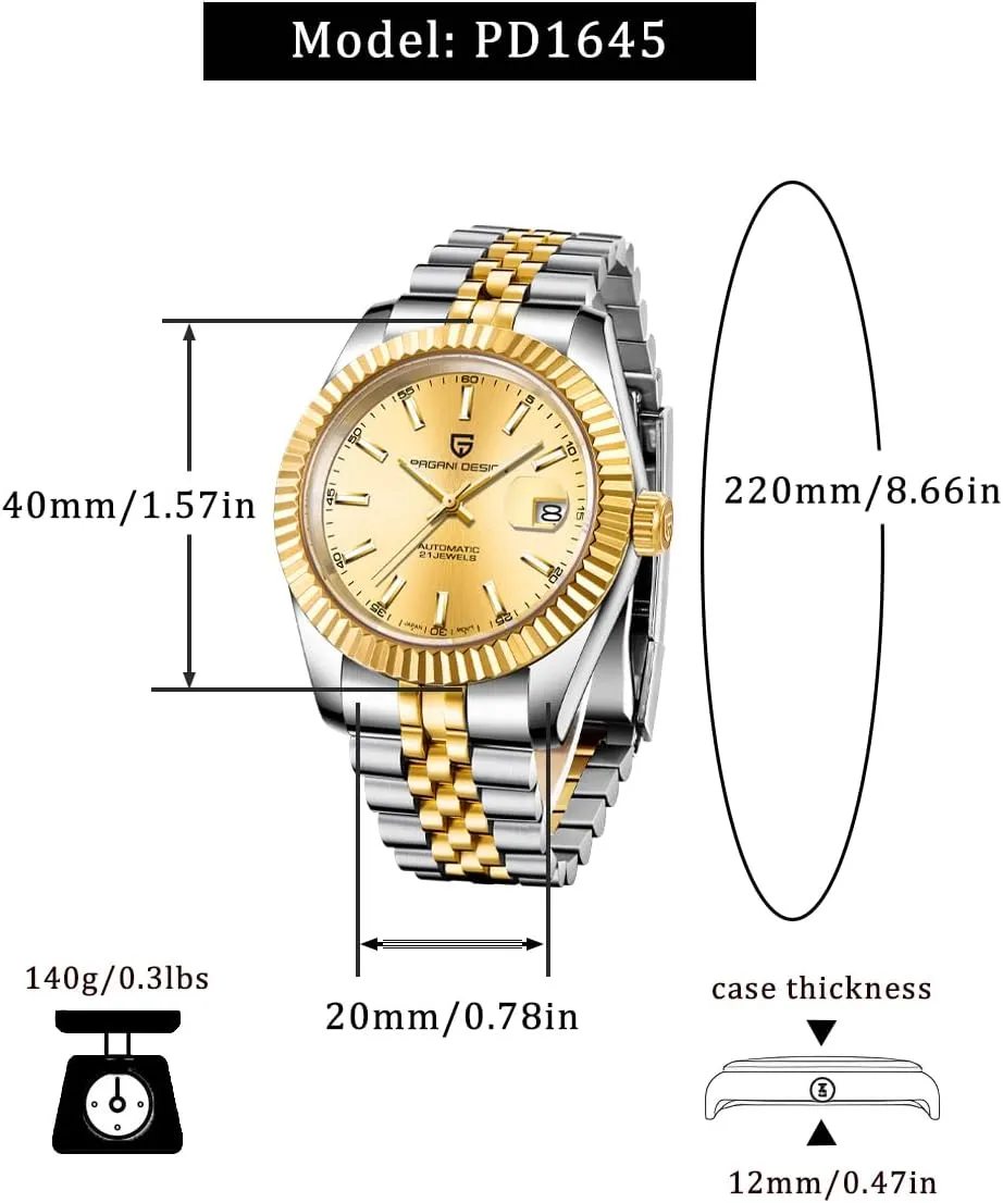Sapphire Crystal, Pagani Design Automatic Watch, 40mm Stainless Steel Case, Date Display, NH35 Movement, 100m Water Resistant, spiky gnaw embrace expense release Synthetic 