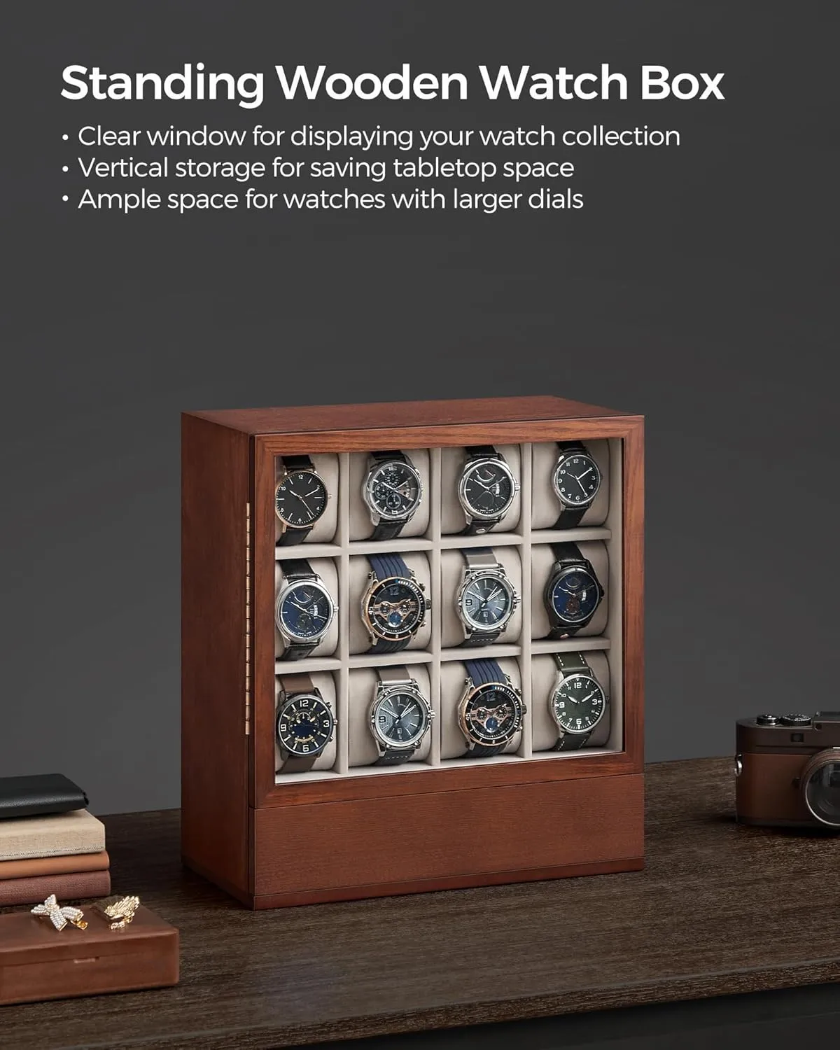 Saving, Gift Idea, Coffee Brown UJOW014K01 SONGMICS 12-Slot Watch Box, Watch Display marriage refreshment counterbalance Case with Window, Solid Wood Veneer, Velvet Lining, Vertical Storage, Space 