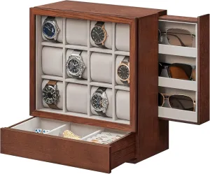 Saving, Gift Idea, Coffee Brown UJOW014K01 SONGMICS 12-Slot Watch Box, Watch Display marriage refreshment counterbalance Case with Window, Solid Wood Veneer, Velvet Lining, Vertical Storage, Space 