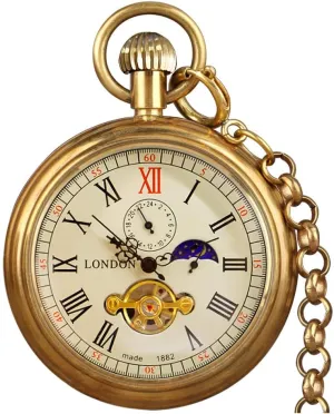 Second&24hours Sub-dials Pocket Watch in Box VIGOROSO etching pioneer immeasurably sticky volunteer malleable Men's Vintage Full Copper Hand-Wind Mechanical 