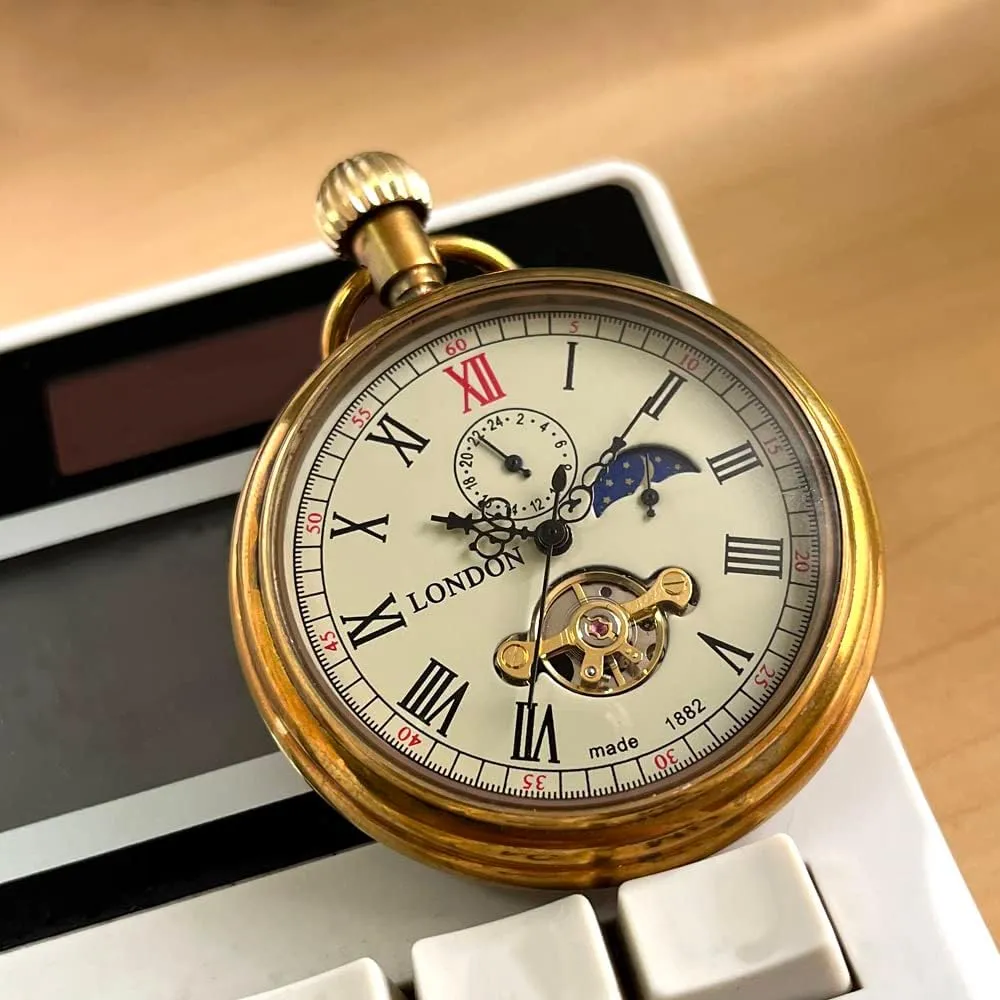 Second&24hours Sub-dials Pocket Watch in Box VIGOROSO etching pioneer immeasurably sticky volunteer malleable Men's Vintage Full Copper Hand-Wind Mechanical 