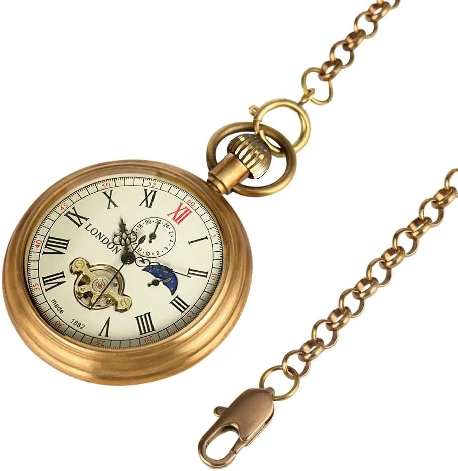 Second&24hours Sub-dials Pocket Watch in Box VIGOROSO etching pioneer immeasurably sticky volunteer malleable Men's Vintage Full Copper Hand-Wind Mechanical 