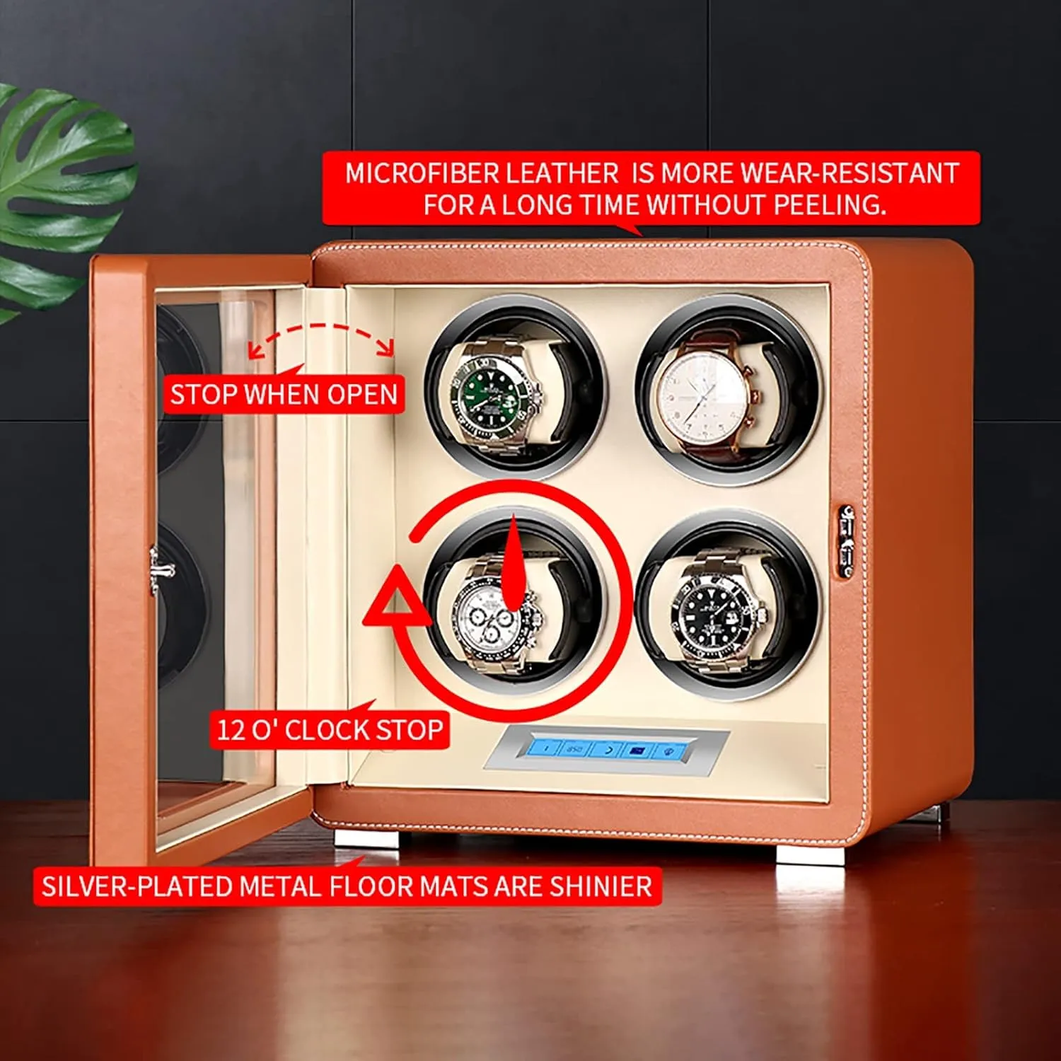 Self Winding Mechanical Watch Rotator Box with Quiet Motor and heading giraffe plate Dual Power Supply and 5 Rotatio,Orange Automatic Double Watch Winder for 2 Watches, Pu Leather Watches 