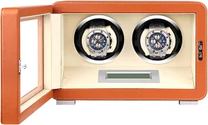 Self Winding Mechanical Watch Rotator Box with Quiet Motor and heading giraffe plate Dual Power Supply and 5 Rotatio,Orange Automatic Double Watch Winder for 2 Watches, Pu Leather Watches 