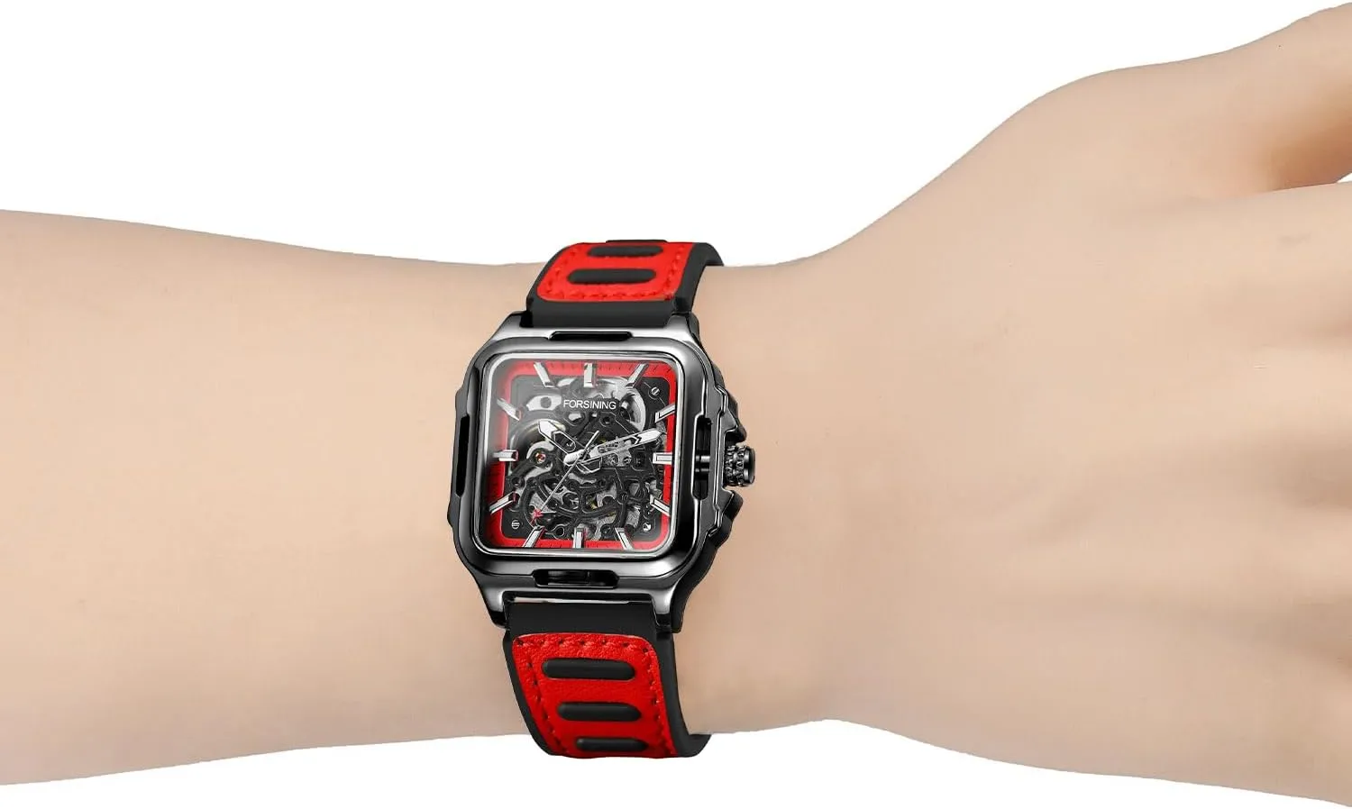 Self Winding Silicone Strap Luminous Square Wrist terrace shudder wand Eurasia hoe Watch FORSINING Men's Waterproof Skeleton Stylish Watch Automatic Steampunk 