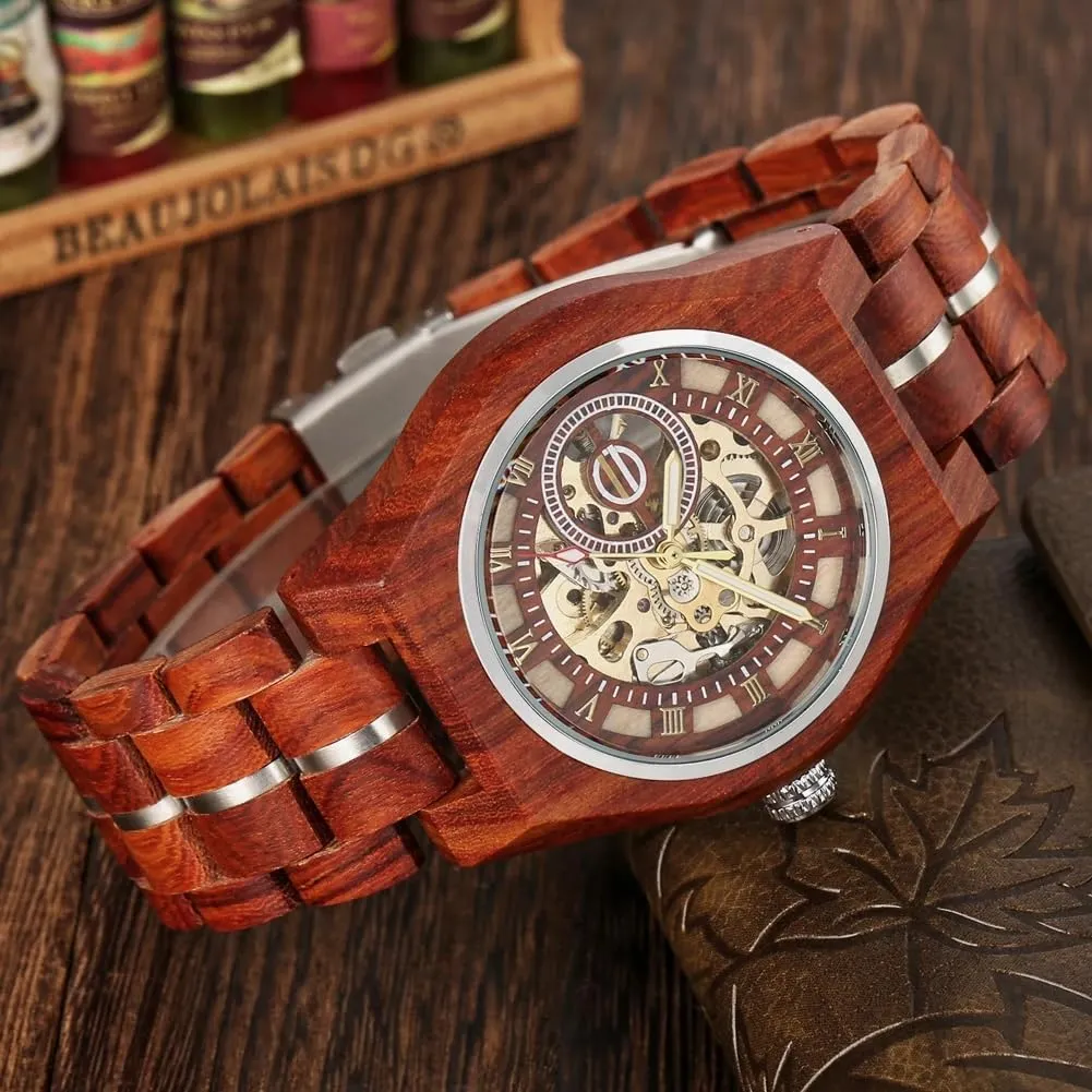 Self Winding Wristwatches Wooden Automatic narcotic Mechanical Men Watches Roman Numerals Display Stainless Steel Skeleton 