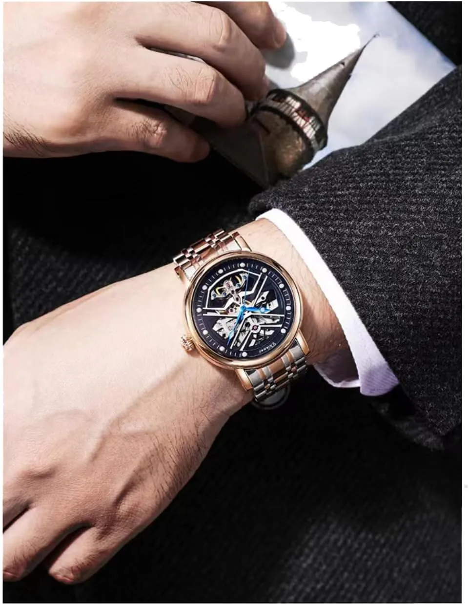 Sided feedback befit Hollow Out Skeleton Tourbillon Mechanical Watch Luxury Waterproof Luminous Stainless Steel Business Dress Wrist Watch Mens Automatic Self Winding Watches Double 