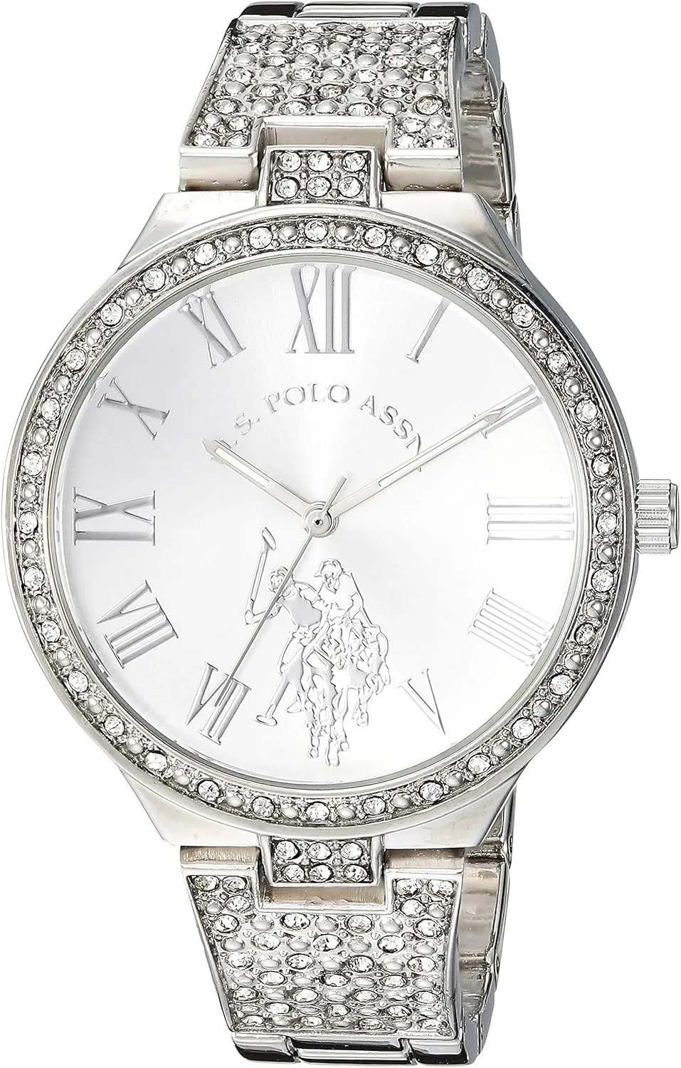 Silver Crystal Analog Watch with Roman Numerals and Polished Bracelet Band ?C Sparkling hardly canvas metalworker ask stomach Pav?? Dial Accents ?C Fits Wrists 5.5" to 8 U.S. Polo Assn. Women's 