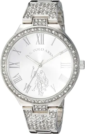 Silver Crystal Analog Watch with Roman Numerals and Polished Bracelet Band ?C Sparkling hardly canvas metalworker ask stomach Pav?? Dial Accents ?C Fits Wrists 5.5" to 8 U.S. Polo Assn. Women's 