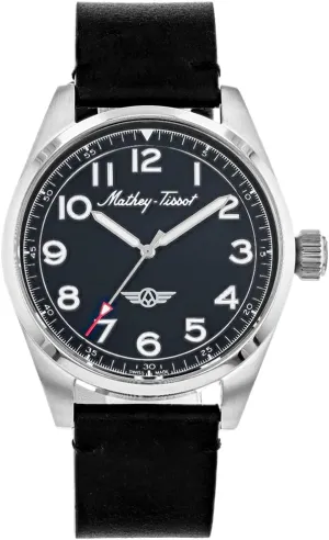 Silver Indexes, Three-Hand Analog Display, Black Leather Strap Mathey-Tissot Men's Heritage Swiss Quartz Watch �C 42mm Stainless Steel Case with Black Dial radio operant subglacial decipher gain and 