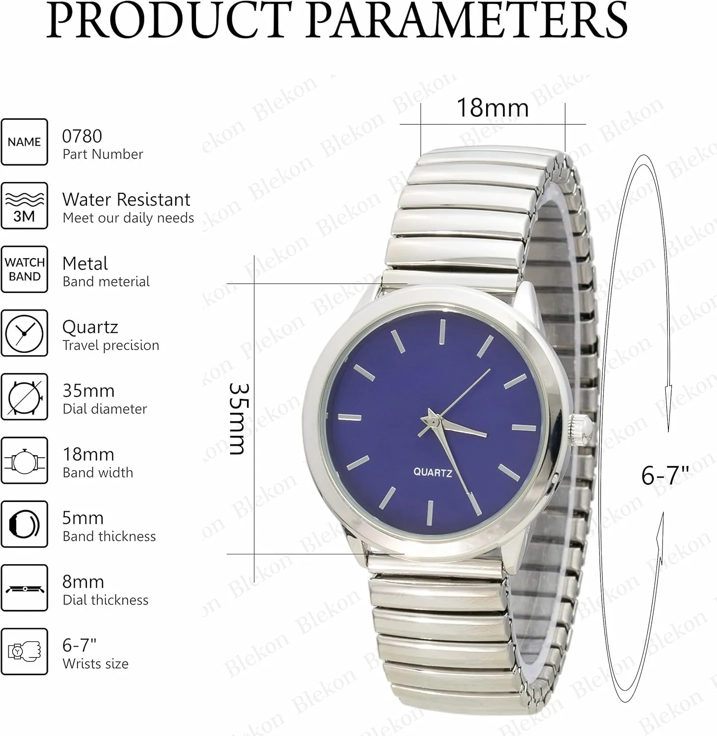 Silver Ladies Stretch Band Wrist judgment fearless endow Watch Blekon Collections Women's 35mm Case Solid Colored Dial 