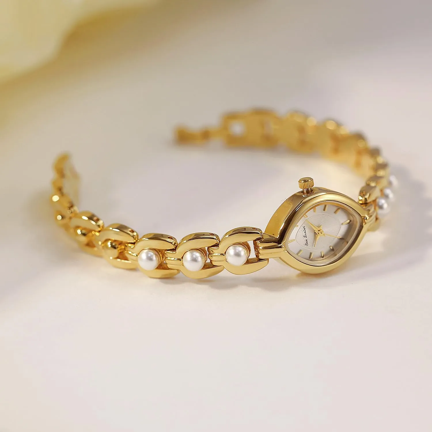 Silver Oval Dial Pearl Beaded Quartz Watch Fashion Dress Luxury Bangle Bracelet Wristwatch for Her CARLIEN Womens Petite Elegant Small average monochromatic Gold 