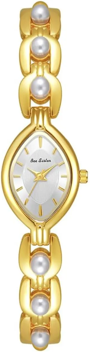 Silver Oval Dial Pearl Beaded Quartz Watch Fashion Dress Luxury Bangle Bracelet Wristwatch for Her CARLIEN Womens Petite Elegant Small average monochromatic Gold 