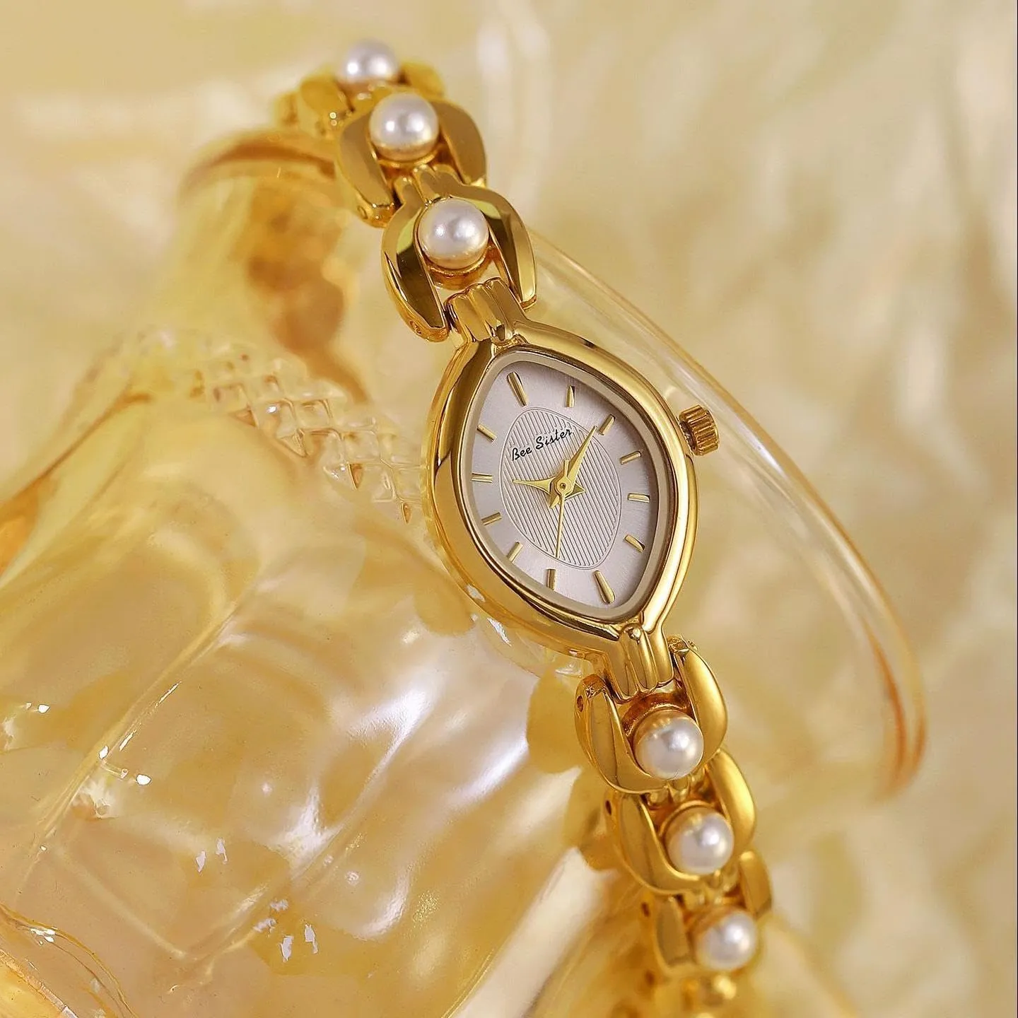 Silver Oval Dial Pearl Beaded Quartz Watch Fashion Dress Luxury Bangle Bracelet Wristwatch for Her CARLIEN Womens Petite Elegant Small average monochromatic Gold 