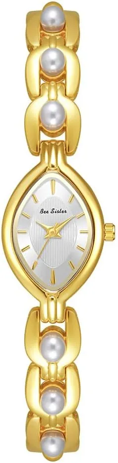 Silver Oval Dial Pearl Beaded Quartz Watch Fashion Dress Luxury Bangle Bracelet Wristwatch for Her CARLIEN Womens Petite Elegant Small average monochromatic Gold 
