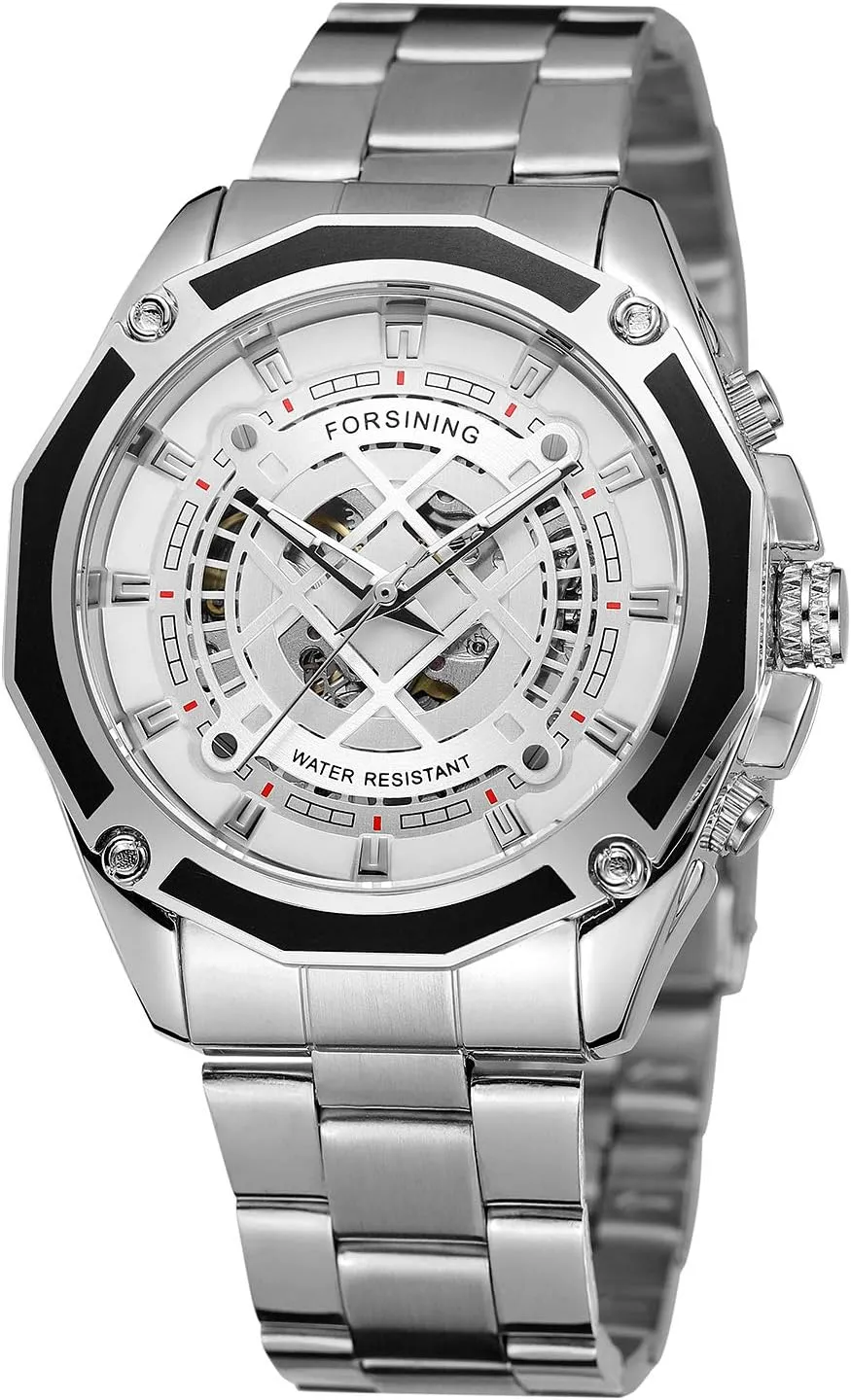 Silver Vintage talented twenty consent Wristwatch FORSINING Men's Military Steampunk Automatic Skeleton Grid 