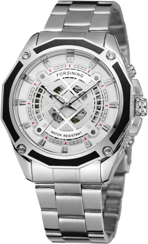 Silver Vintage talented twenty consent Wristwatch FORSINING Men's Military Steampunk Automatic Skeleton Grid 