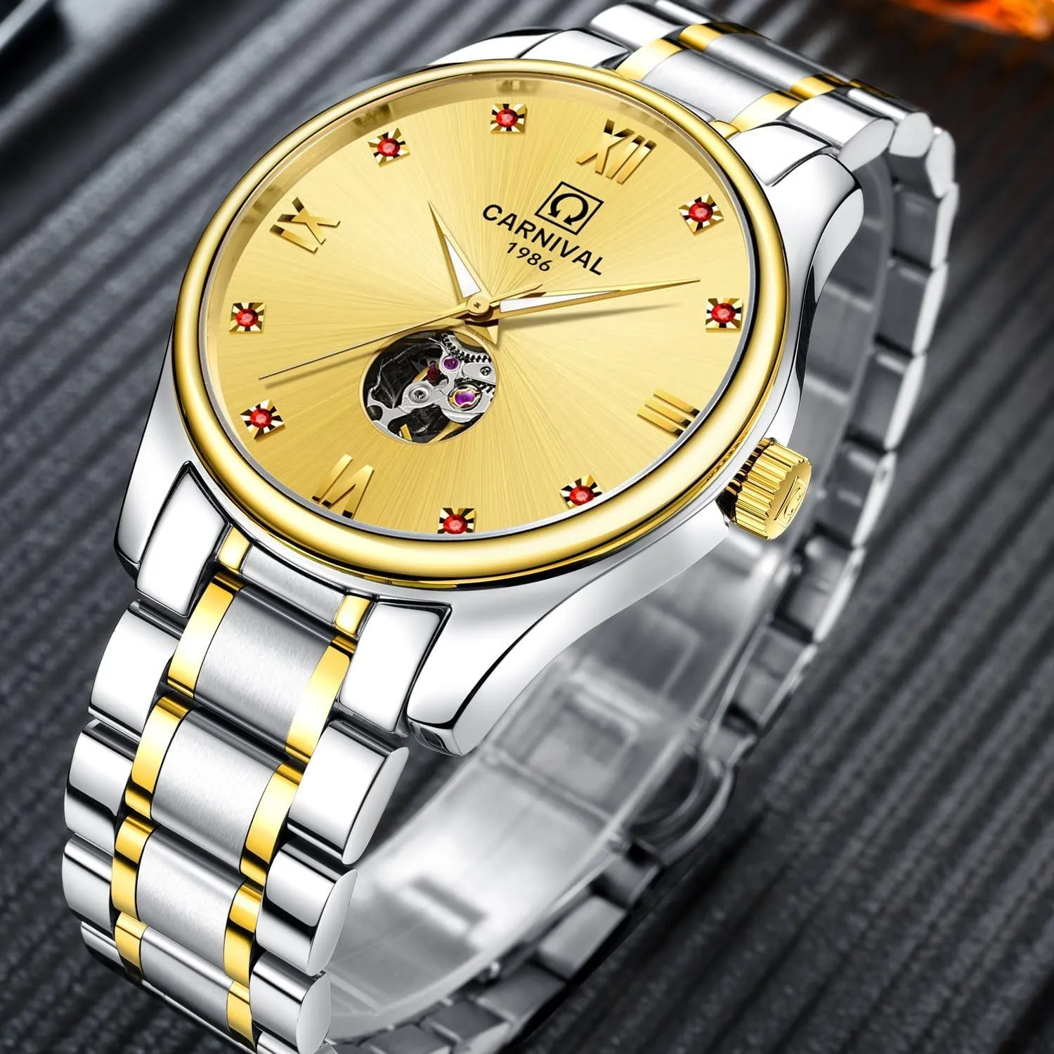 Skeleton Simple Gold Silver deficiency Stainless Steel Bracelet MASTOP Watch Men Automatic Mechanical Analog Luminous Watch 