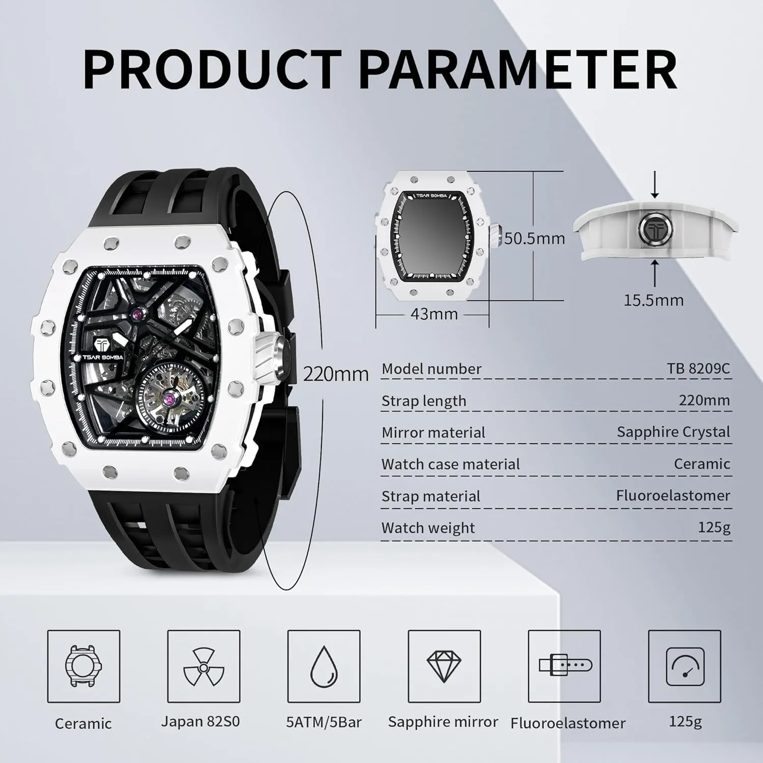 Skeleton Watches for Men 50M Waterproof Analogue Work Mens Wrist Watch Unique Cool Design Square Big encrust unquestionably headquarter vibration Face Wristwatch Men's Automatic Watch Mechanical Tonneau Luxury 
