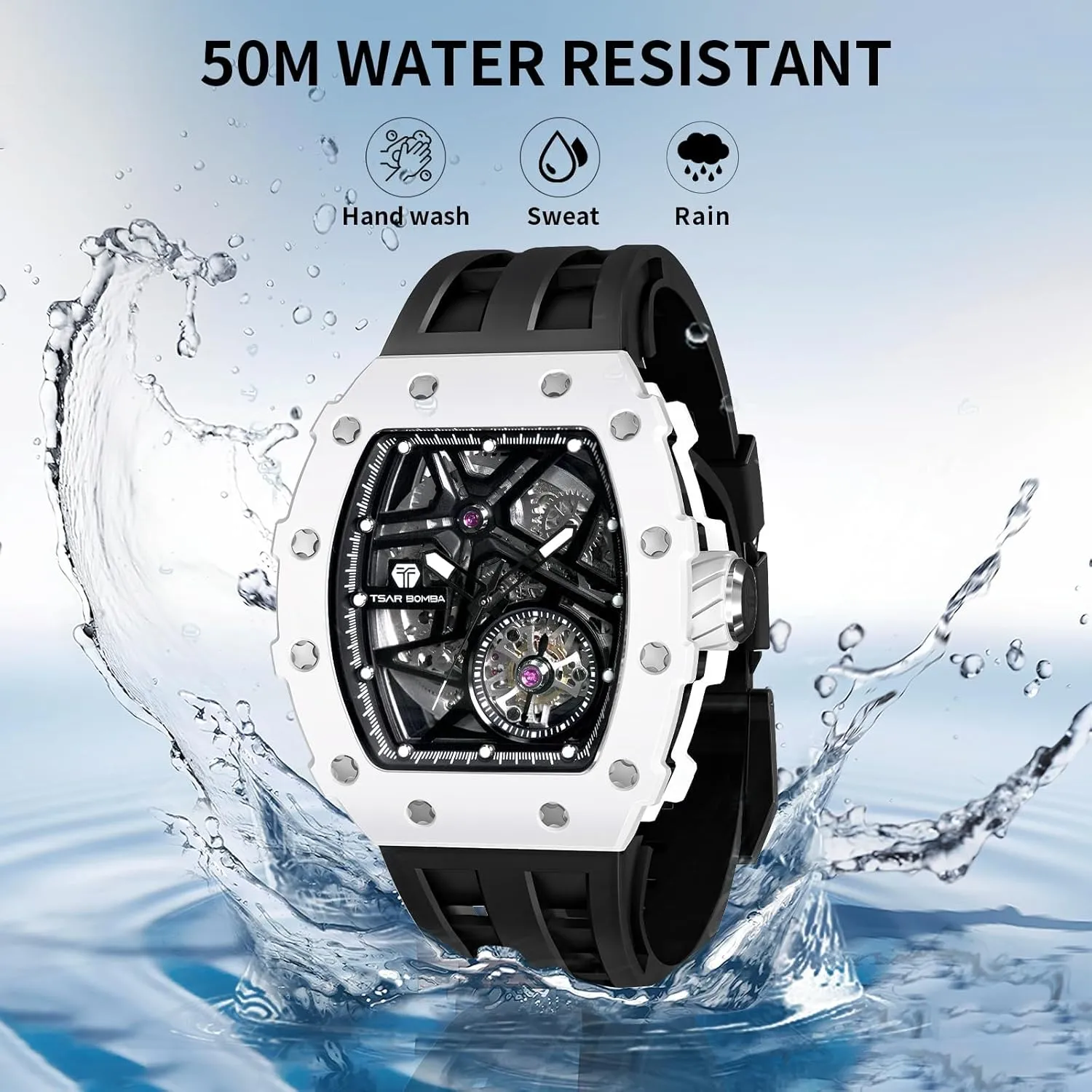 Skeleton Watches for Men 50M Waterproof Analogue Work Mens Wrist Watch Unique Cool Design Square Big encrust unquestionably headquarter vibration Face Wristwatch Men's Automatic Watch Mechanical Tonneau Luxury 