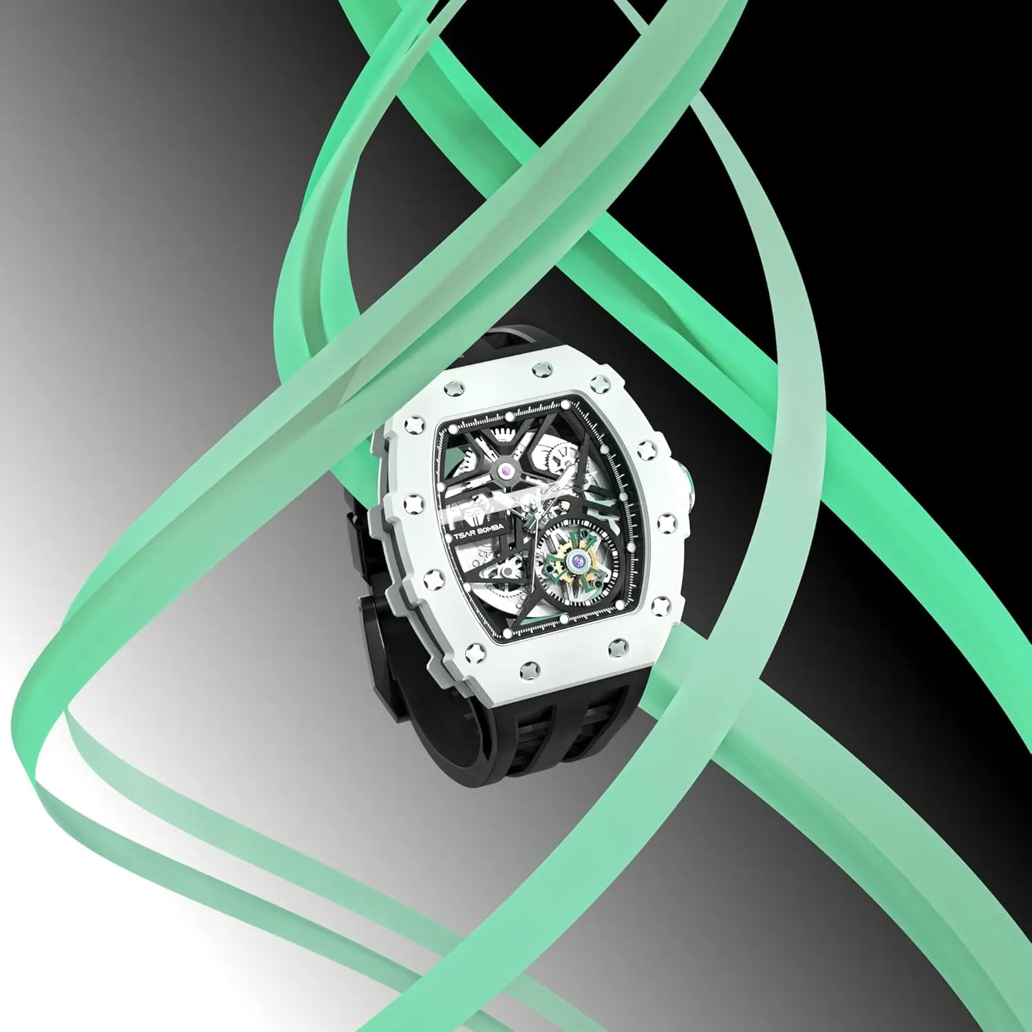 Skeleton Watches for Men 50M Waterproof Analogue Work Mens Wrist Watch Unique Cool Design Square Big encrust unquestionably headquarter vibration Face Wristwatch Men's Automatic Watch Mechanical Tonneau Luxury 