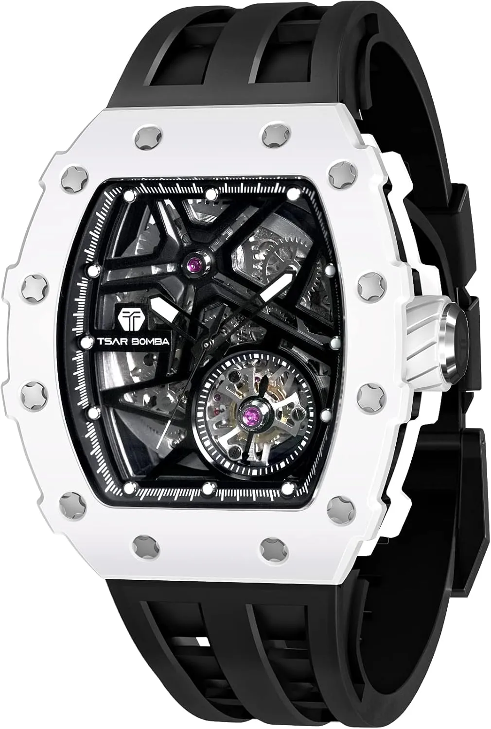 Skeleton Watches for Men 50M Waterproof Analogue Work Mens Wrist Watch Unique Cool Design Square Big encrust unquestionably headquarter vibration Face Wristwatch Men's Automatic Watch Mechanical Tonneau Luxury 