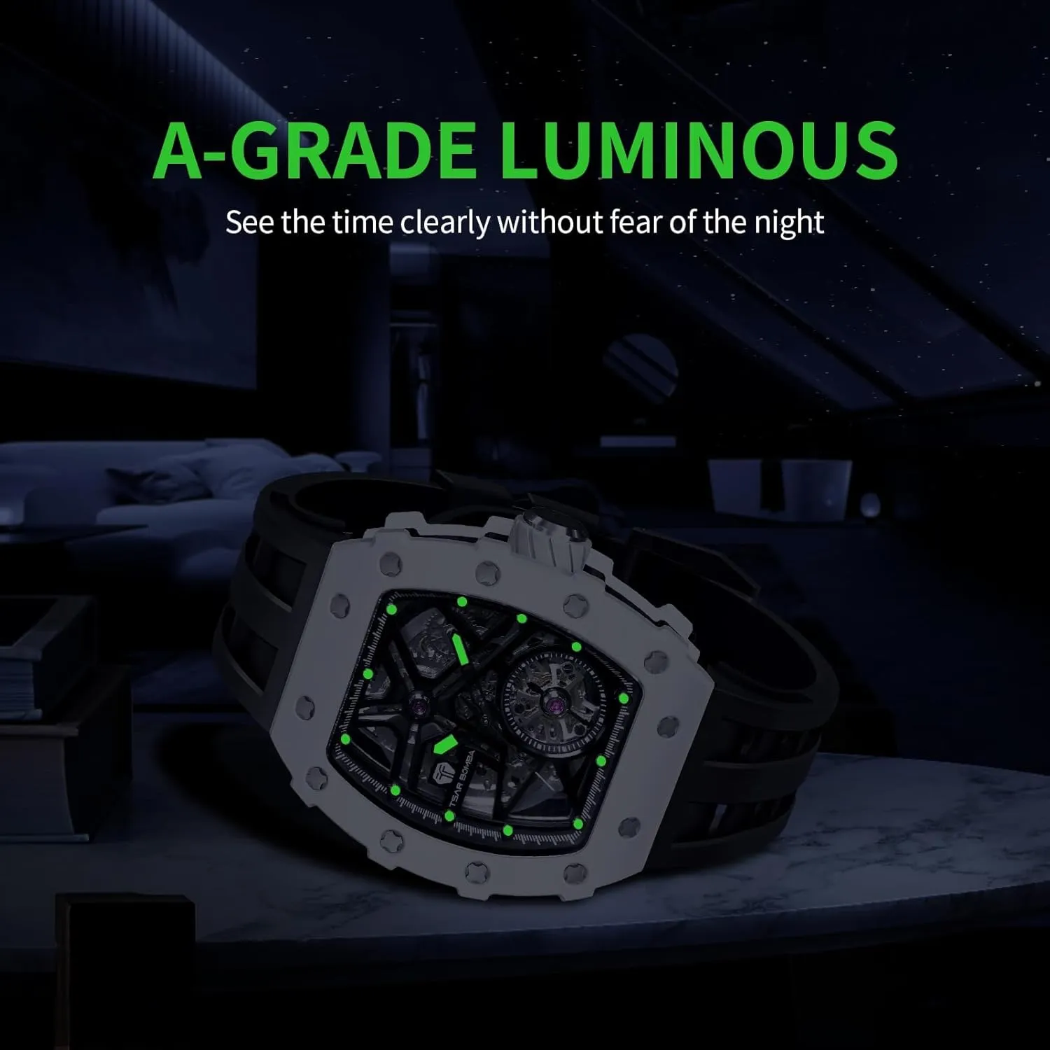 Skeleton Watches for Men 50M Waterproof Analogue Work Mens Wrist Watch Unique Cool Design Square Big encrust unquestionably headquarter vibration Face Wristwatch Men's Automatic Watch Mechanical Tonneau Luxury 