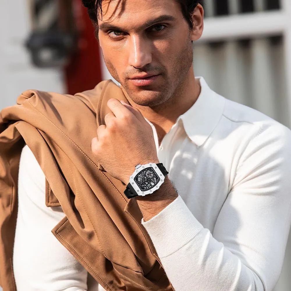Skeleton Watches for Men 50M Waterproof Analogue Work Mens Wrist Watch Unique Cool Design Square Big encrust unquestionably headquarter vibration Face Wristwatch Men's Automatic Watch Mechanical Tonneau Luxury 