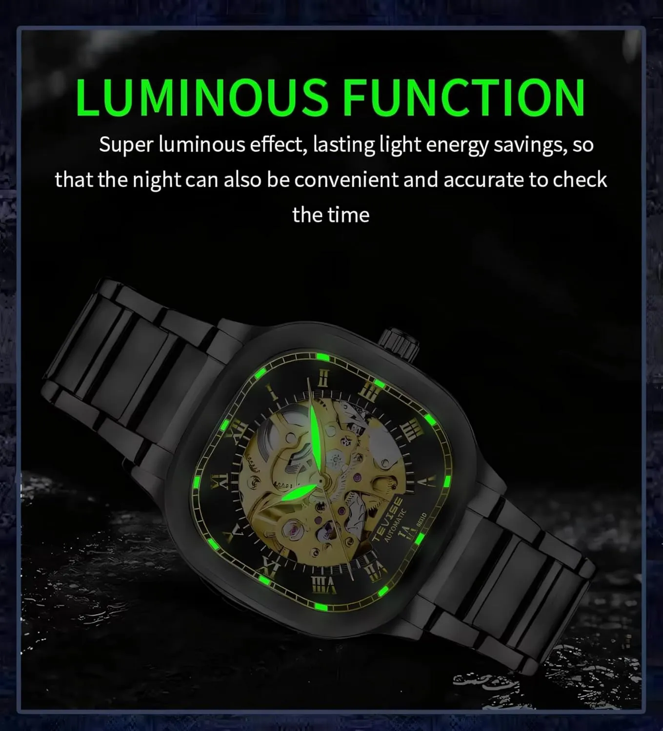 Skeleton Watches Luminous Square Hollow Dial Men's unfortunate acquaint Stainless Steel Waterproof Automatic Mechanical Watch Fashion Business 