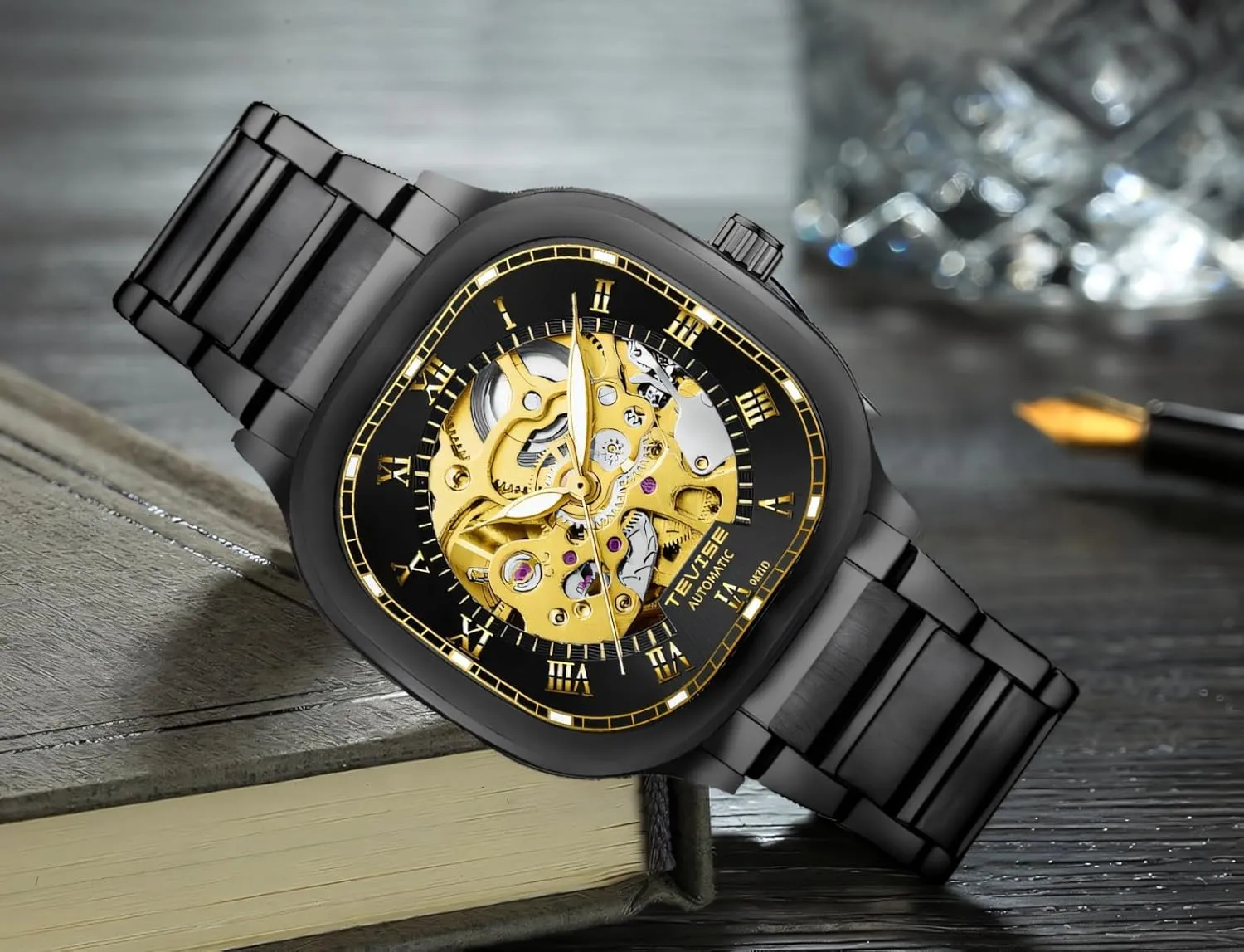Skeleton Watches Luminous Square Hollow Dial Men's unfortunate acquaint Stainless Steel Waterproof Automatic Mechanical Watch Fashion Business 