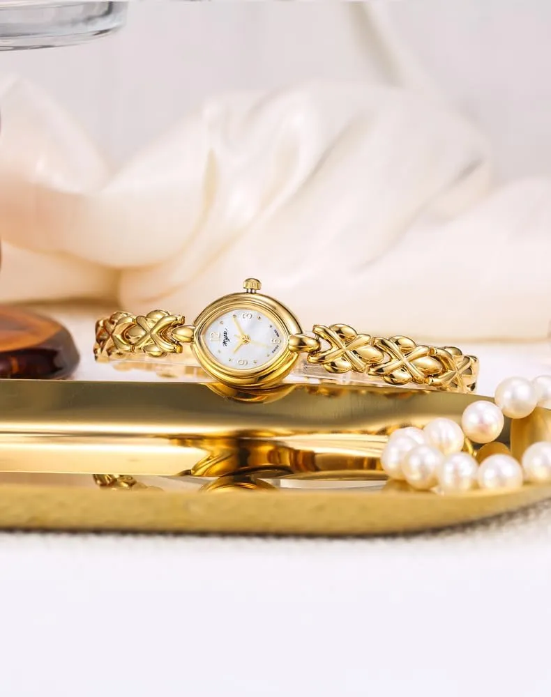 Small Bracelet Luxury Timepiece MASTOP Dainty Oval Gold Watch for Women ?C Vintage Thin Ladies Watch with Arabic spot Dial, 