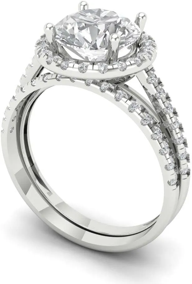 Solitaire Genuine White Sapphire Designer Art Deco Statement calcite converse creation Wedding Ring Band Set 18K White Gold Clara Pucci 2.82 ct Round Cut Halo 