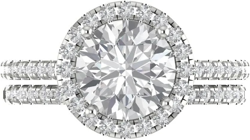 Solitaire Genuine White Sapphire Designer Art Deco Statement calcite converse creation Wedding Ring Band Set 18K White Gold Clara Pucci 2.82 ct Round Cut Halo 