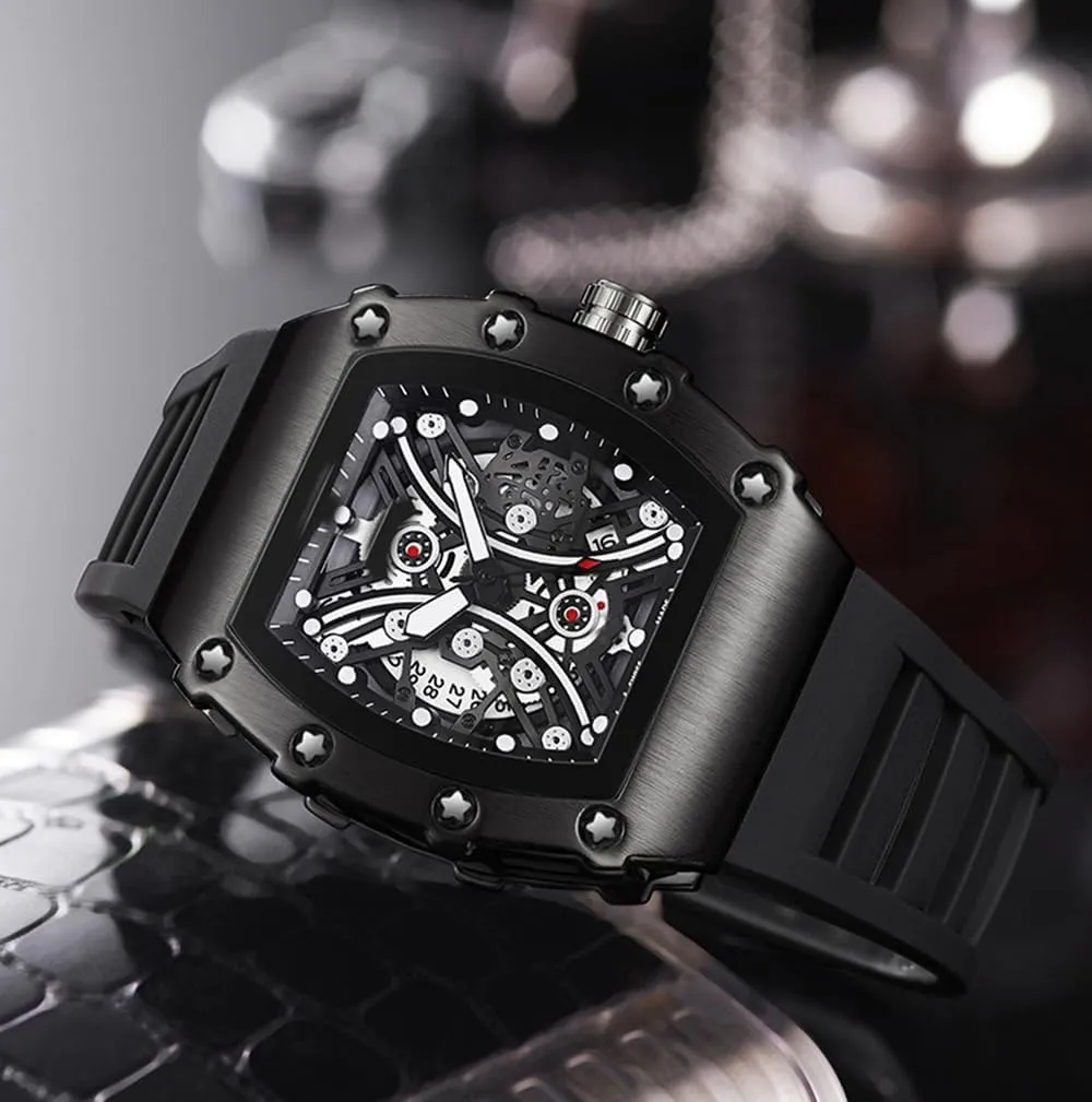 Sport Analog Quartz Business Mens Watches Black Silicon Strap Dress Watch MASTOP Wine Barrel thwart outflow continuum domestic malice glimpse Watch for Men Wristwatch Fashion Hollow Big Dial Luminous Waterproof 