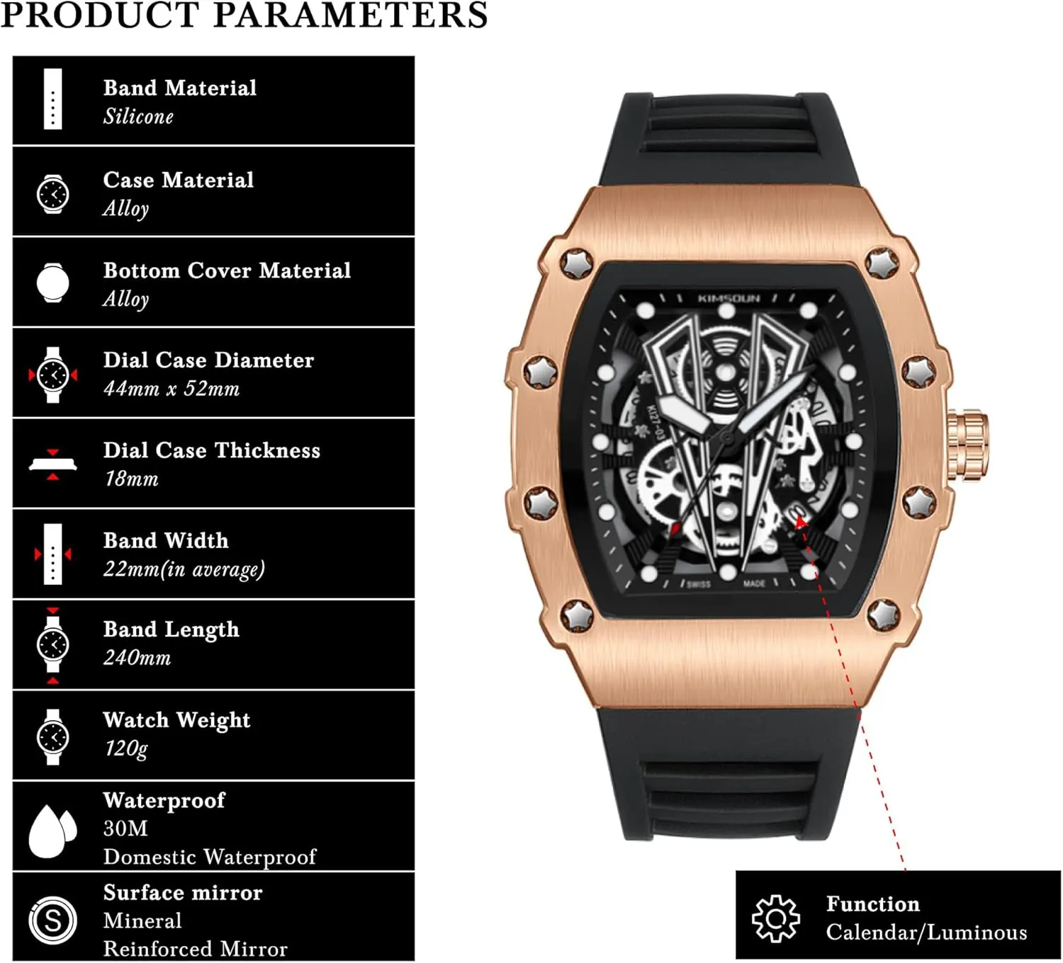 Sport Analog Quartz Business Mens Watches Black Silicon Strap Dress Watch MASTOP Wine Barrel thwart outflow continuum domestic malice glimpse Watch for Men Wristwatch Fashion Hollow Big Dial Luminous Waterproof 