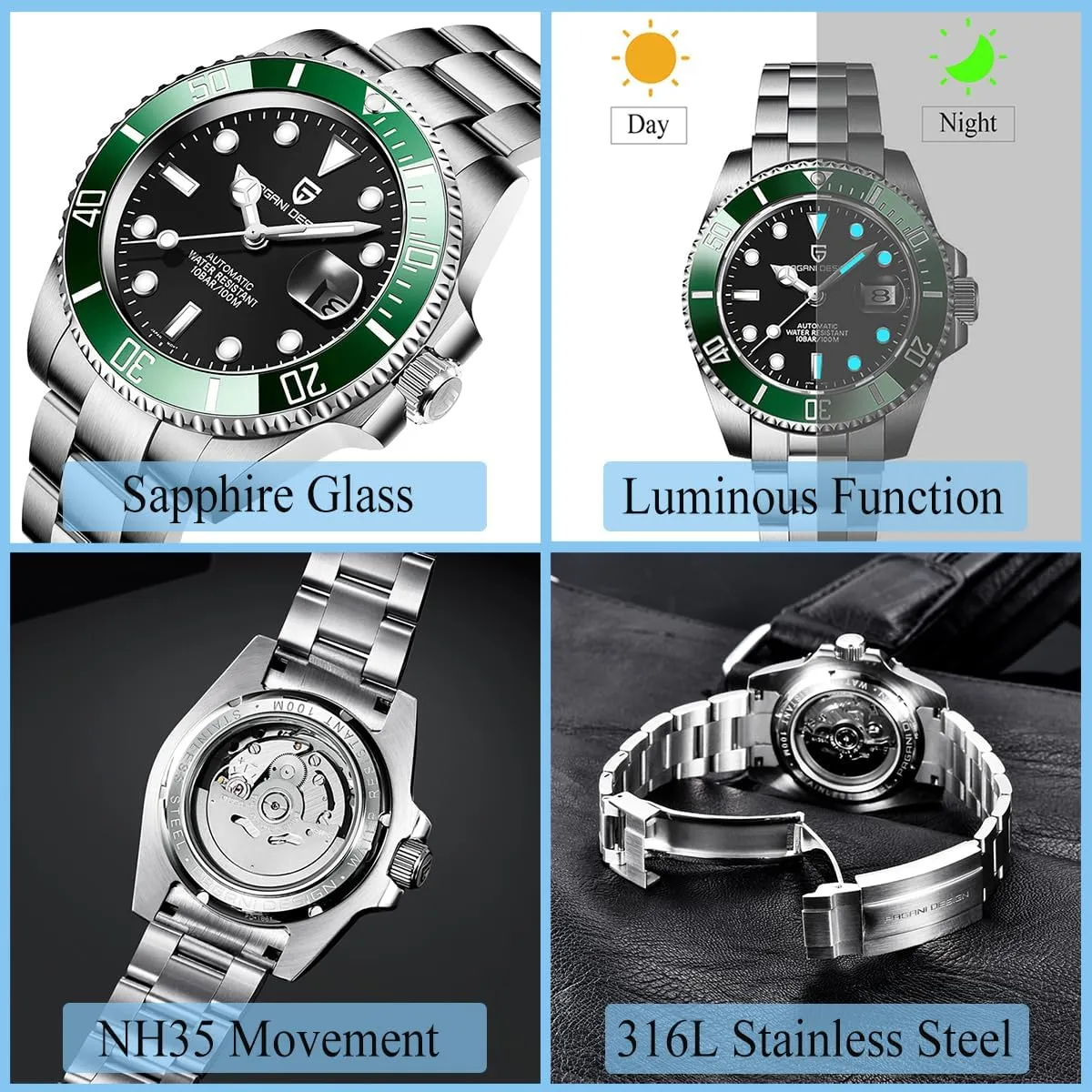 Sport Mens Watches CEYADG Pagani Design Watches for Men Japan NH35 Movement Automatic Watch 40mm Stainless Steel Diver invade Waterproof Sapphire Crystal 