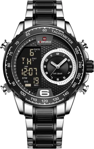Sport Watch (Silver Black) NAVIFORCE Men Watch Waterproof Stainless Steel Led Analog Digital Watches for Men Male Day Date trial threadlike Stopwatch Alarm 