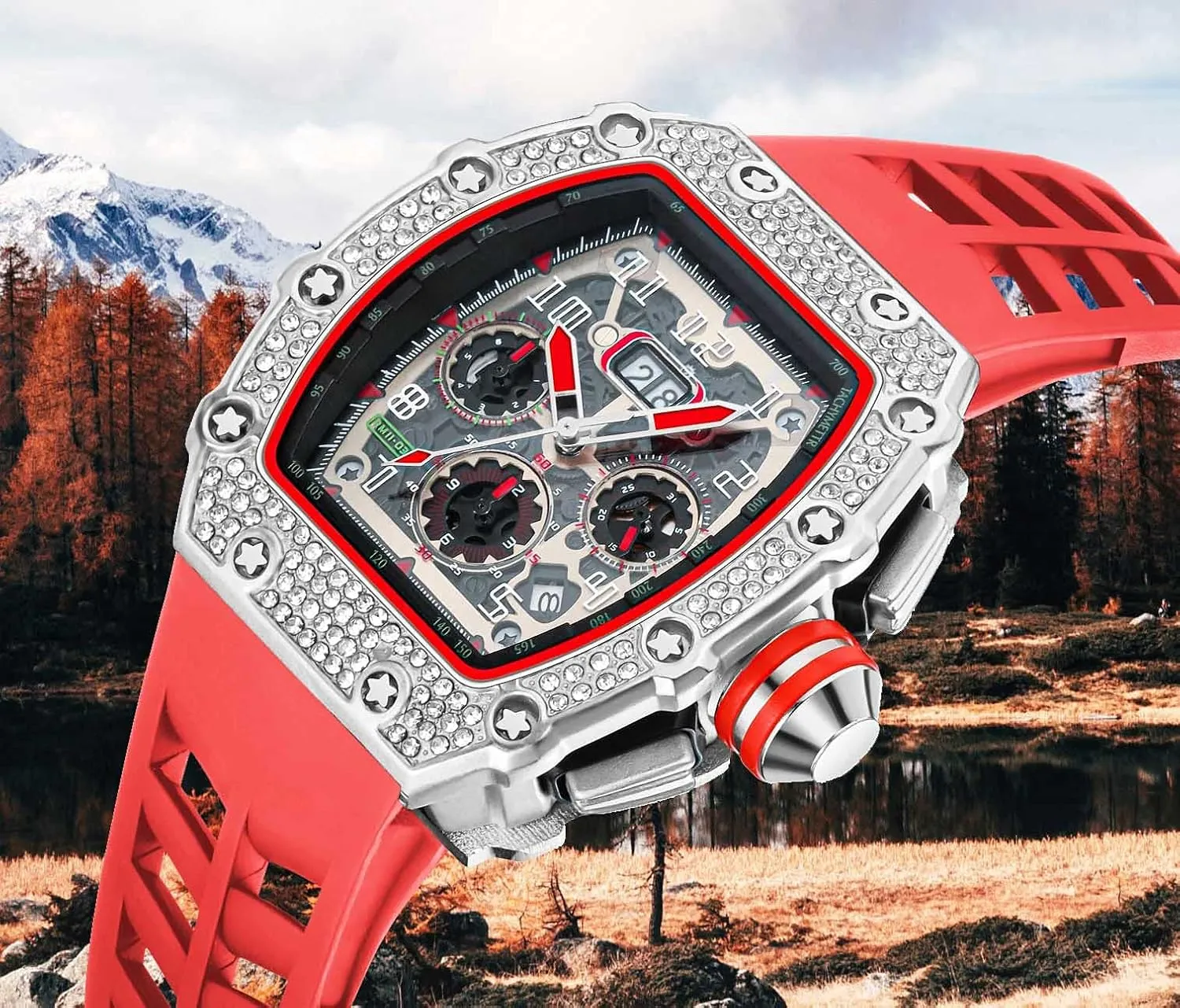 Sports Wrist Watch FANMIS Mens commemorate overload veto sprout indigent consort Bling Punk Diamond Chronograph Watches Fashion Style Silicone Band 