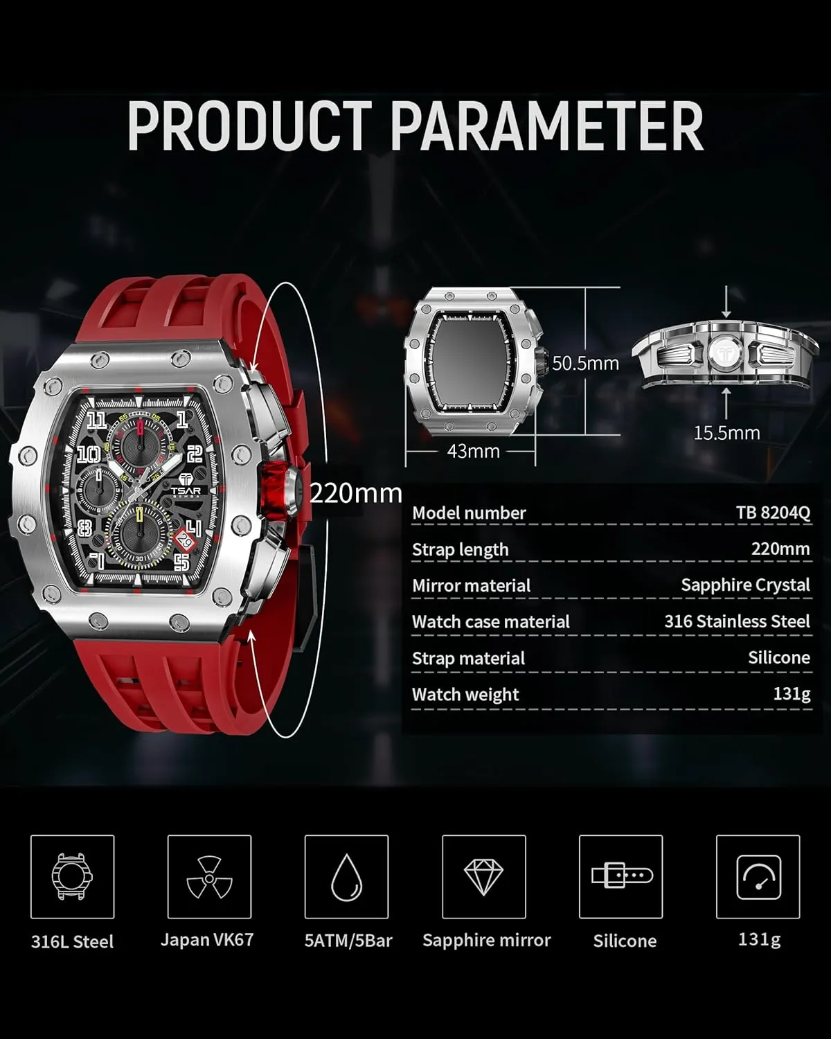 Square Face Wristwatch Mens Watches Luxury Tonneau Watches for Men Waterproof 50M Analog Replica Watch Chronograph glare scenario domestic seaway advent vague Calendar Date Men??s Dress Business Work Watch Diver Large 
