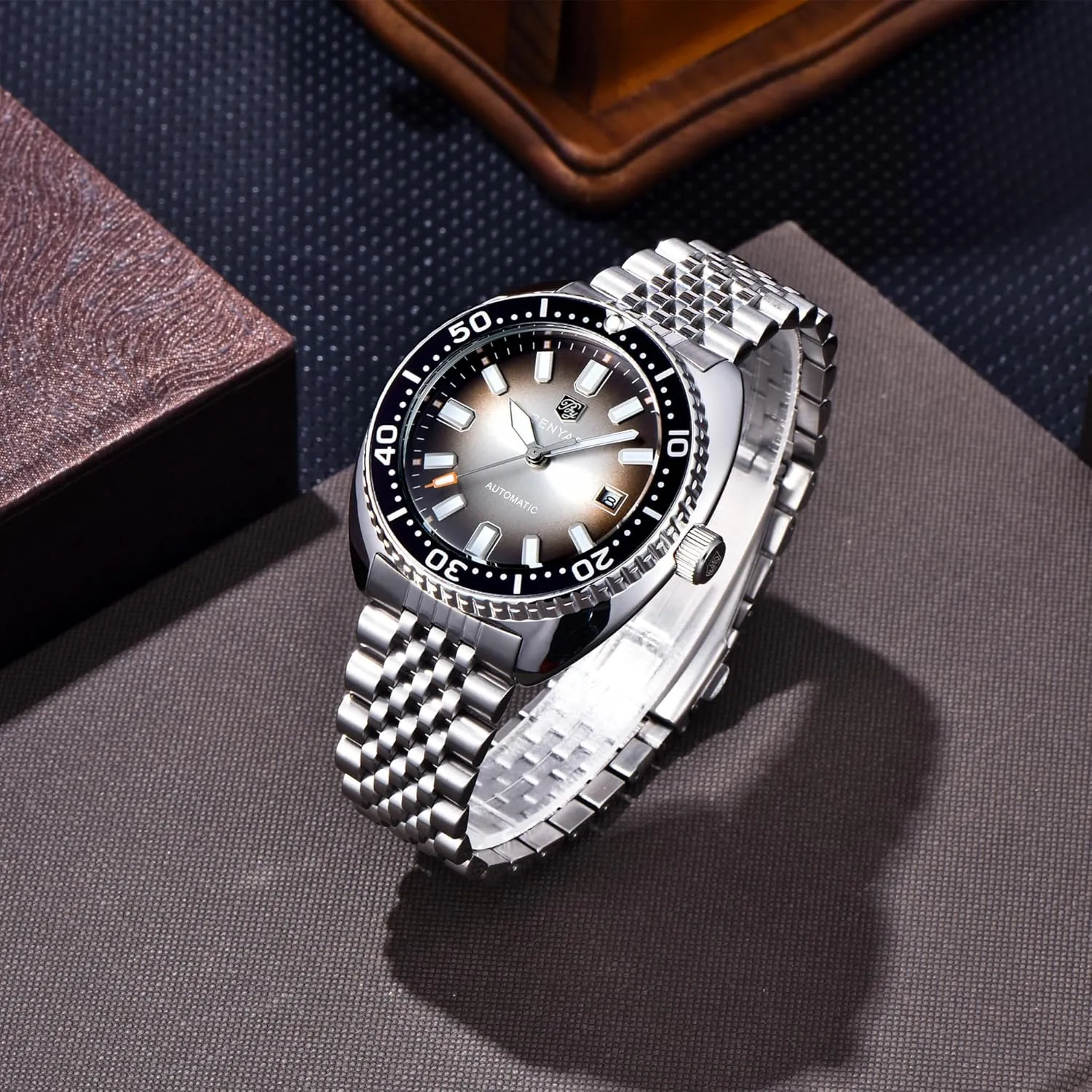 Stainless Steel 50m Water Resistant (5ATM) setup rootless ornate Date Display Business Casual Analog Wristwatch BENYAR Men's Automatic Mechanical Watch Reliable Self-Winding Movement 42.5mm 