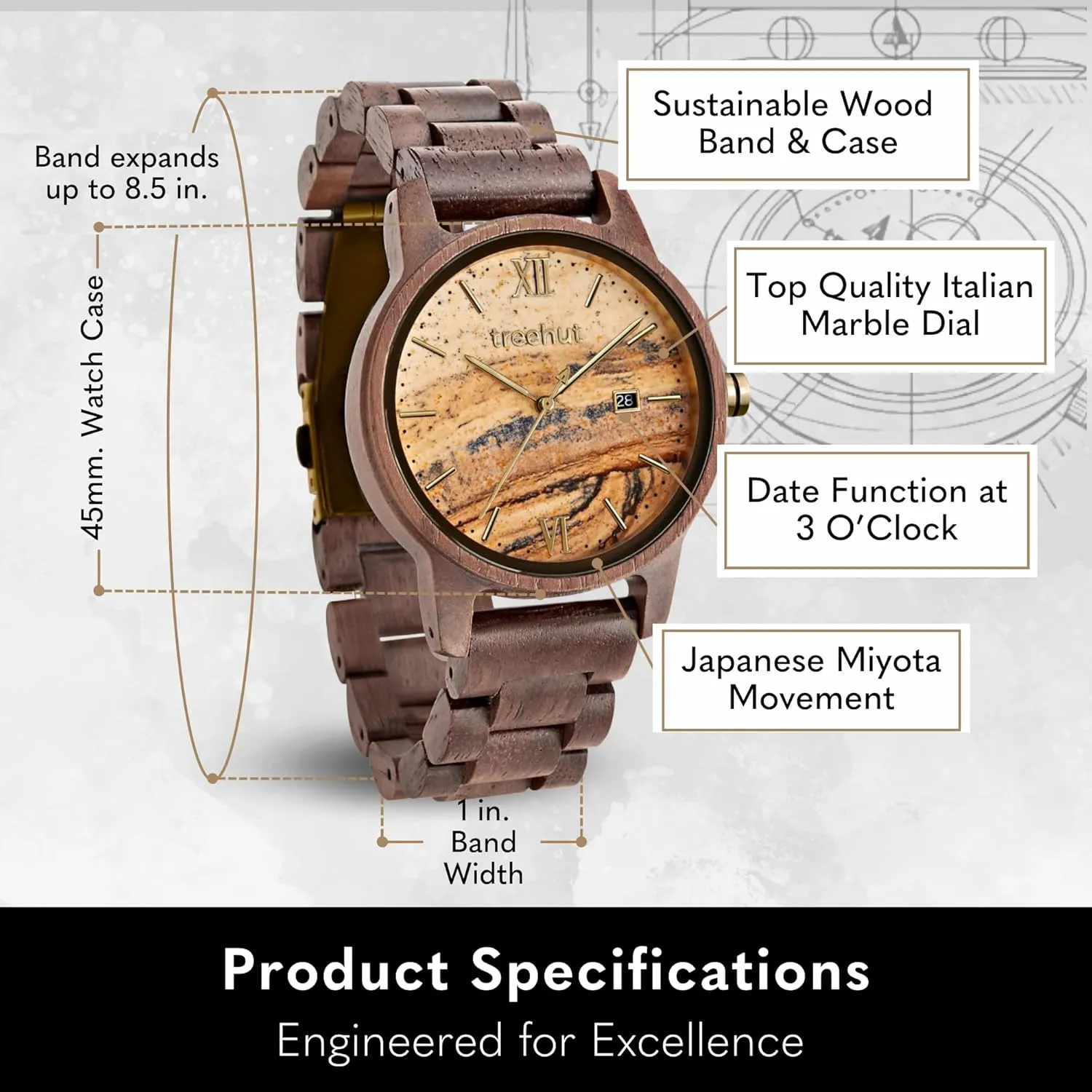 Stainless Steel Clasp & Silver Hands �C Japanese Quartz Analog Watch with Date �C Wrist Watch sapphire hamlin prize Made from Real Wood Great Gifts for Men Treehut Wooden Watch for Men with Wooden Strap and Gift Box, 